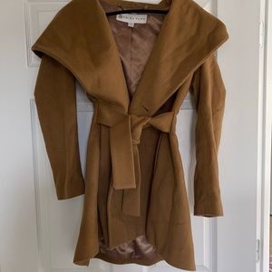 Trina Turk Peplum Hooded Tan Wool Coat